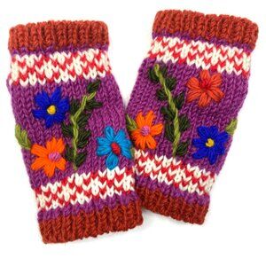 Handmade Embroidered Wool Fingerless Gloves – Made in Nepal
